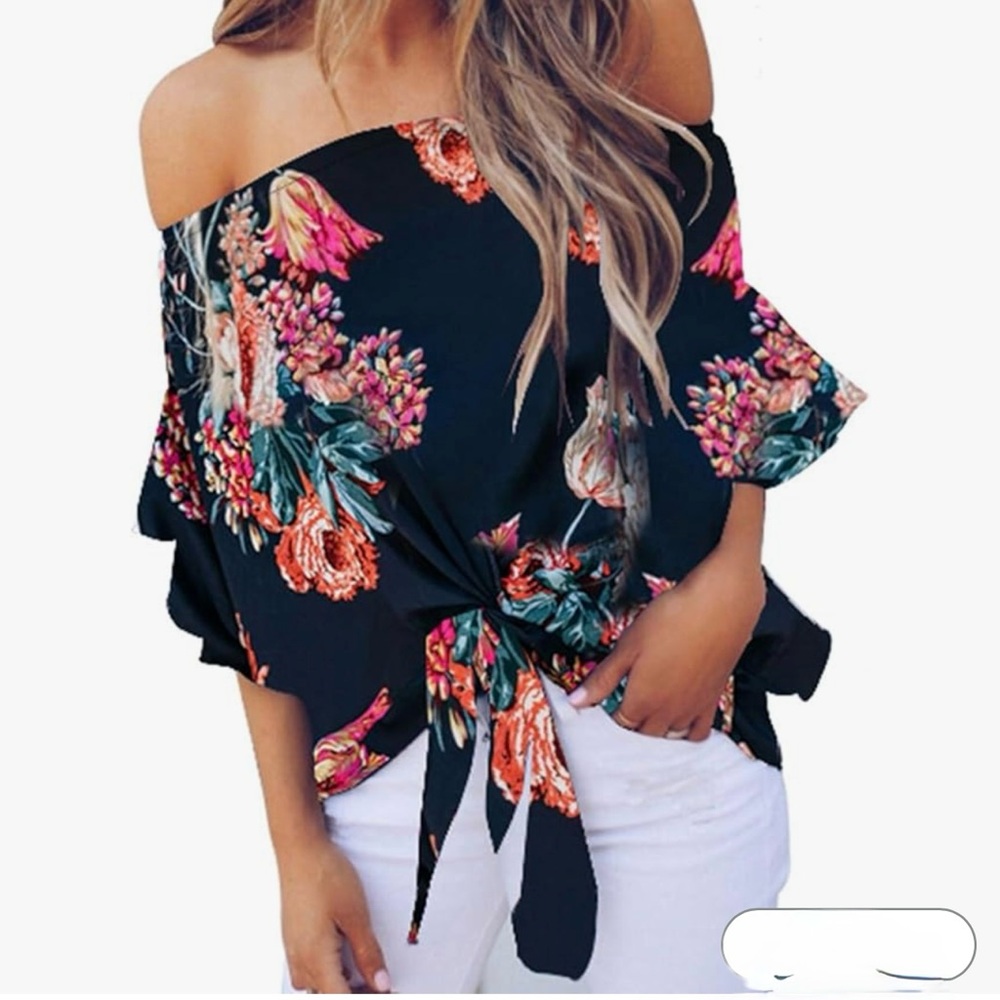 Blue and Pink Off-the-Shoulder Blouse with Tie Front